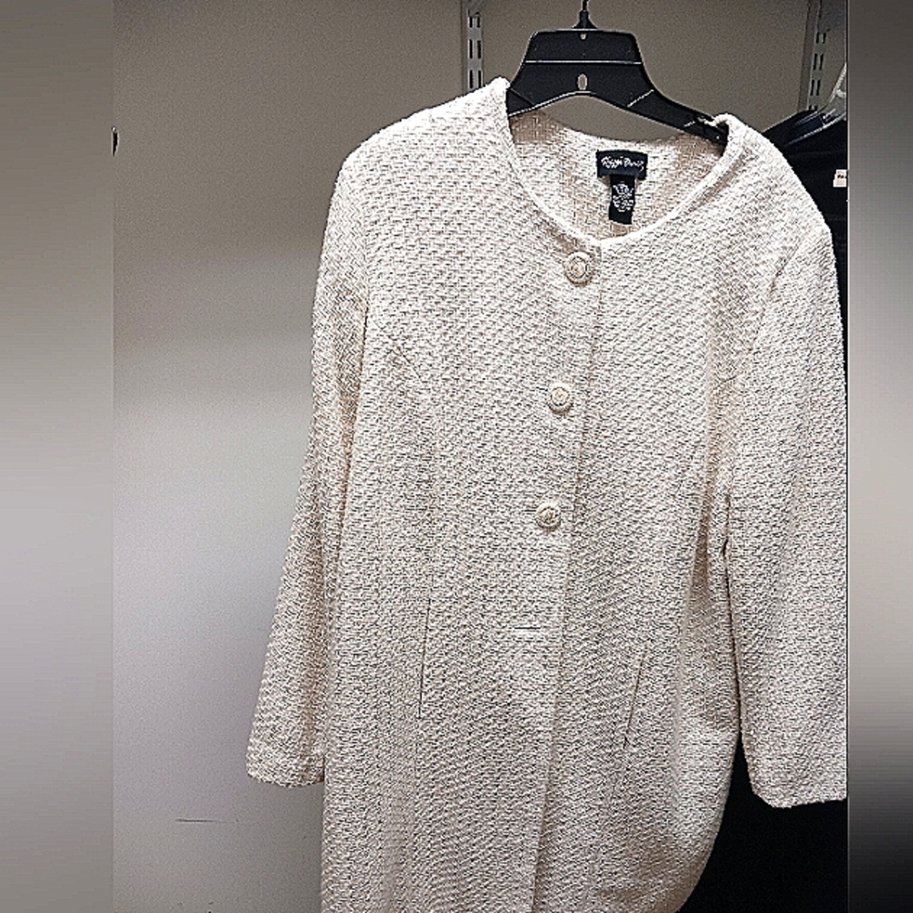White Maggie Barnes Textured Knee Length Coat with embellished Buttons